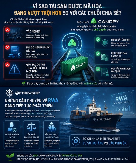 Vietnamese-language infographic titled 'VÌ SAO TÀI SẢN MÃ HÓA ĐANG VƯỢT TRỘI HƠN SO VỚI CÁC CHUỖI CHIA SẺ?' promoting Canopy and @ethraship, highlighting tokenized real-world assets (RWA) like shipping containers with key points on stable performance, low issuance costs, and rule transparency.
