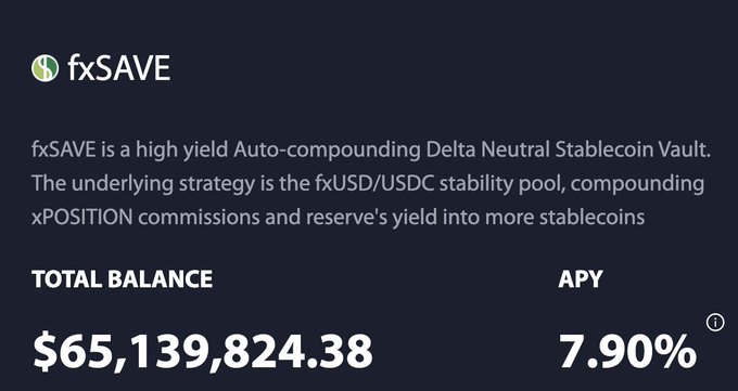 The image shows the fxSAVE protocol dashboard displaying a Total Balance of $65,139,824.38 and an APY of 7.90%, with a description identifying it as an auto-compounding Delta Neutral Stablecoin Vault built on the fxUSD/USDC stability pool. This visually supports the post's point that current metrics like APY and total balance are just a snapshot in time, not a reflection of the product's intrinsic quality, since 7.9% is merely the current output of the strategy rather than a fixed guarantee.