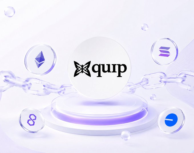 A 3D promotional graphic for 'quip' featuring a blockchain theme with the Ethereum logo, Solana logo, and Polygon logo floating around a central white platform.