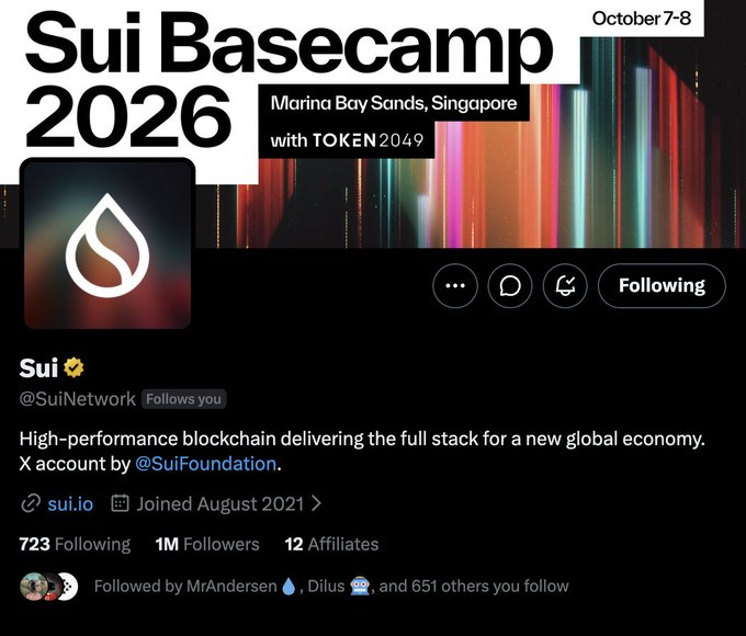 A screenshot of the Sui (@SuiNetwork) Twitter/X profile, advertising 'Sui Basecamp 2026' at Marina Bay Sands, Singapore on October 7-8 with TOKEN2049, with 1M Followers.
