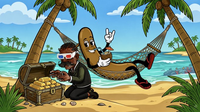 A cartoon illustration of an anthropomorphic peanut character lounging on a hammock on a tropical beach, smoking a cigar, while a pirate kneels beside a treasure chest filled with gold bars.