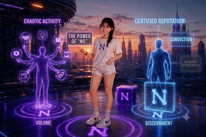 A person stands in a futuristic cityscape holding a glowing sign reading 'THE POWER OF "NO"', surrounded by holographic figures labeled 'CHAOTIC ACTIVITY', 'CERTIFIED REPUTATION', 'CONVICTION', 'VOLUME', and 'DISCERNMENT' with 'N' symbols.