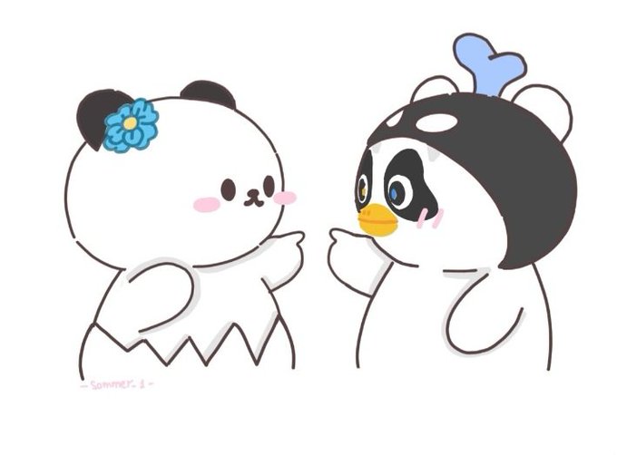 Two adorable cartoon characters — a small white bear with a blue flower behind its ear and a chubby penguin-like figure with a blue heart on its head — stand facing each other and pointing at one another, illustrating the playful "You are me, I am you" sentiment of the post. The signature "– Summer –" appears in the bottom left corner, while the hashtags #POLCASAN and #LUNAR suggest the characters represent the original creators and their shared identities.