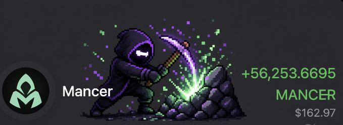 A pixel art thumbnail showing a hooded character mining green crystals with a pickaxe, labeled "Mancer" with a value of "+56,253.6695 MANCER" and a price of "$162.97".