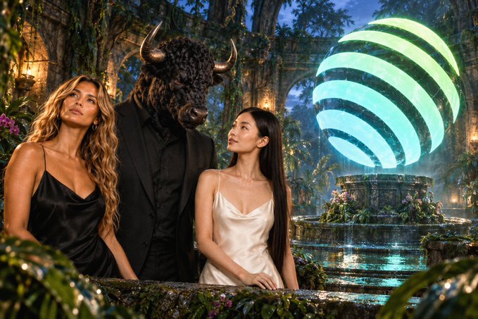 A woman in a black slip dress and another in a white slip dress stand in a lush, magical garden setting alongside a figure wearing a black suit and a large black bull's head mask, with a glowing green orb nearby.