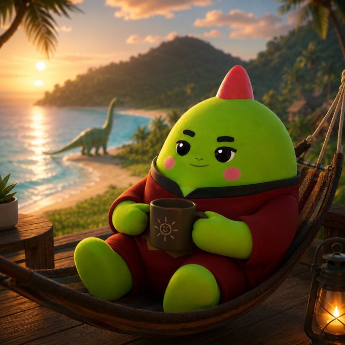 A 3D-rendered cartoon character of a cute green creature with a red crest, wearing a maroon hoodie and holding a mug, relaxing in a hammock overlooking a tropical beach with a dinosaur in the background.