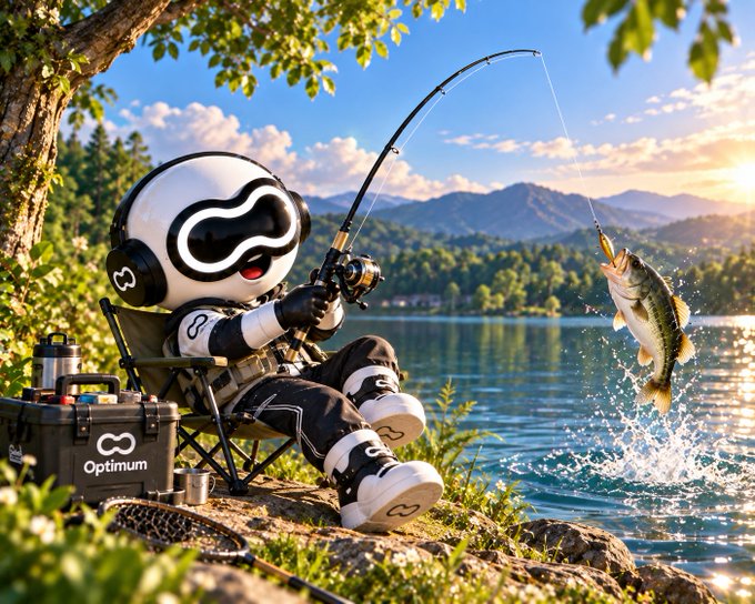 A 3D animated character wearing a white mask with an infinity symbol and headphones sits by a lake, reeling in a large bass fish; a tackle box labeled 'Optimum' sits nearby.