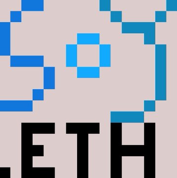 A pixel art graphic featuring blue geometric shapes on a pale pink background with the partial text "ETH" visible at the bottom.