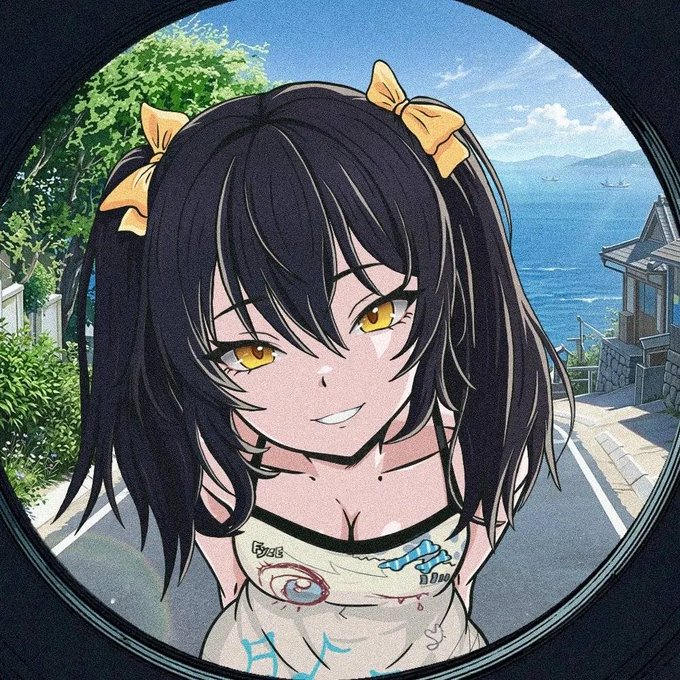 Anime-style illustration of a dark-haired girl with yellow ribbons in pigtails and golden eyes, framed in a circular fisheye view with a coastal landscape in the background.