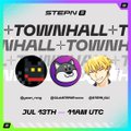 The image is a promotional graphic for a STEPN x GMT Townhall event featuring "TOMI" NFT mascots, scheduled for July 13th at 11AM UTC. It relates to the post by announcing an upcoming townhall focused on Challenge Capsule updates and product direction within the STEPN ecosystem.