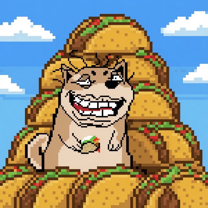 A pixel art illustration of a wide-grinning dog-like character surrounded by a large pile of tacos with a blue sky and clouds in the background.