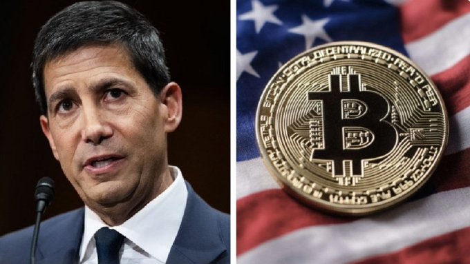 A side-by-side image showing a man in a dark suit speaking at a podium (identified by the accompanying post as Fed Chair Kevin Warsh) next to a physical Bitcoin coin resting on an American flag. The pairing visually reinforces the post's claim that a sitting Federal Reserve Chair has publicly compared Bitcoin to gold.