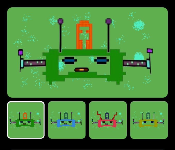 A pixel art character selection screen showing four variations of a green, blue, red, and yellow rectangular robot-like character with a figure on top, with the green one selected.
