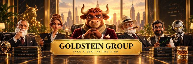 A promotional banner for 'GOLDSTEIN GROUP - TAKE A SEAT AT THE FIRM' featuring anthropomorphic characters including a bull, an older man, a woman, and a robot seated at a boardroom table.