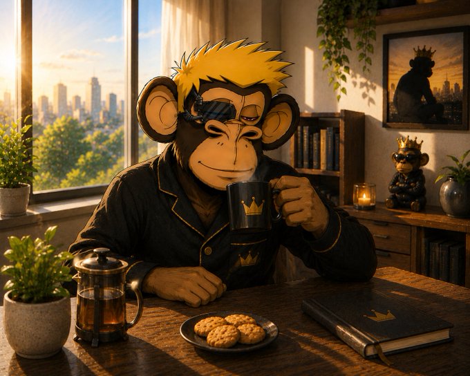 An animated monkey with blonde hair and sunglasses, styled as a Bored Ape NFT character, wearing black pajamas with crown details sits at a wooden table drinking from a matching mug. The cozy room features a city view through the window, a French press, cookies, a leather journal, and Bored Ape-themed artwork on the walls.