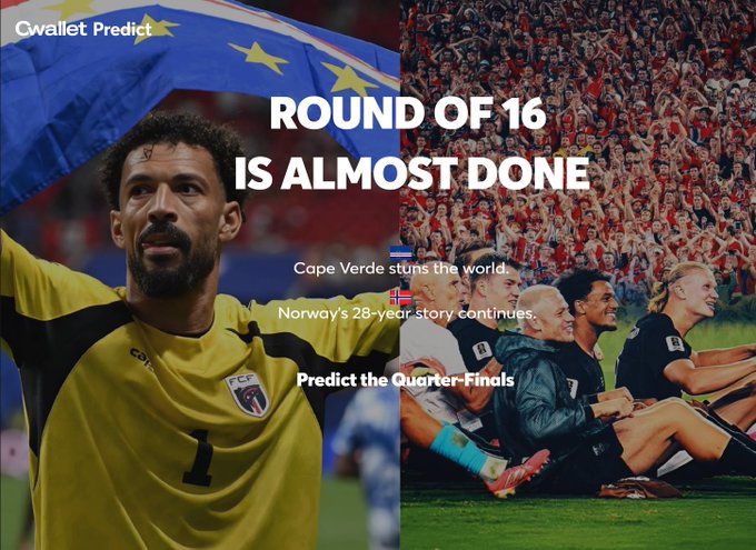 The image shows a split-screen featuring a Cape Verde goalkeeper in yellow celebrating under an EU flag on the left, and jubilant Norway fans cheering on the right, with text reading "ROUND OF 16 IS ALMOST DONE" alongside headlines about Cape Verde stunning the world, Norway's 28-year story continuing, and "Predict the Quarter-Finals" under the "Cwallet Predict" banner. The accompanying post invites viewers to predict the quarter-finals with a chance to share in a $50,000 USDC bonus pool.