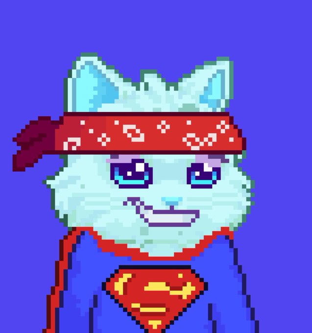 Pixel art of a smirking white cat wearing a red bandana and a Superman costume with the iconic "S" emblem on its chest, paired with a crypto giveaway announcement offering the artwork plus 50 $STX to one winner.