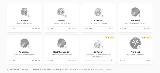 A screenshot of a Soulbound (ERC-5192) badges page displaying various rank tiers like Rookie, Veteran, Ace Pilot, Recruiter, Ambassador, Fleet Commander, Centurion, and Architect, each with specific requirements such as completing scenes or landing qualified referrals.