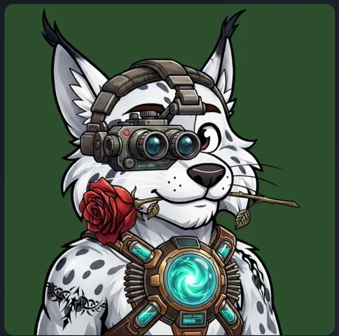 A digital illustration of a white furry anthropomorphic character wearing tactical night-vision goggles, a glowing blue chest device, and holding a red rose in its mouth against a dark green background.