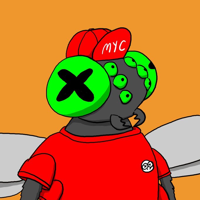 A cartoon fly character with green eyes (one marked with a black X) and a red "MYC" cap wears a red shirt with a small badge, matching the "Mutatio Yacht Club" theme referenced in the post about $FLIES being "born to fly."