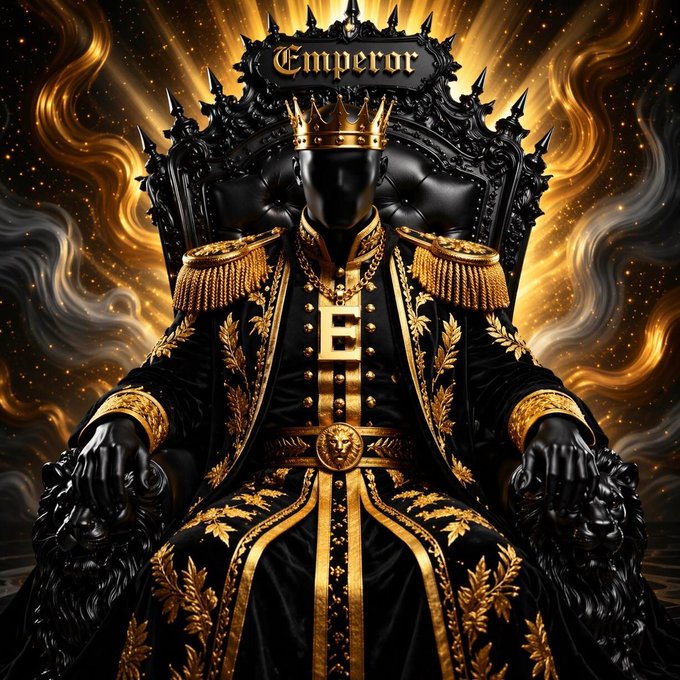 A dark figure wearing an ornate black and gold robe and crown sits on a spiked throne, with a banner reading 'Emperor' above.