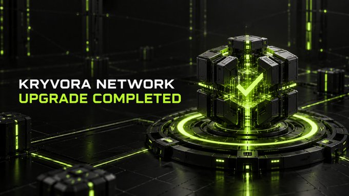 A promotional graphic reading 'KRYVORA NETWORK UPGRADE COMPLETED' displays a futuristic black and green mechanical structure with a checkmark symbol.
