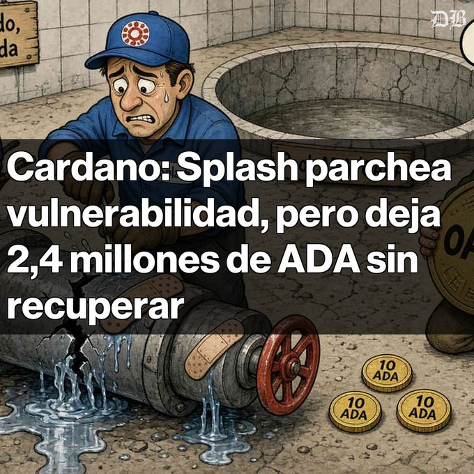 A cartoon illustration of a sweating plumber with a 'Cardano' cap working on a broken pipe, with Spanish text reading 'Cardano: Splash parchea vulnerabilidad, pero deja 2,4 millones de ADA sin recuperar' and gold coins labeled '10 ADA'.