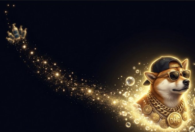 A glamorous Shiba Inu wearing a backward cap, sunglasses, thick gold chains, and “DHC” medallions glows as sparkling particles trail from a small bottle on the left.