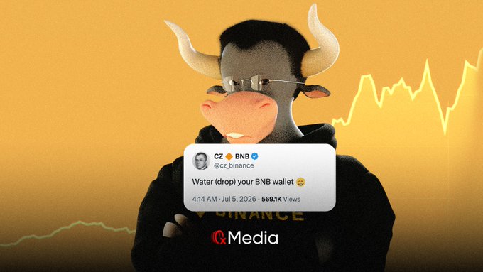 An animated bull character wearing a Binance hoodie, overlaid with a CZ tweet saying 'Water (drop) your BNB wallet' dated July 5, 2026, with a price chart line in the background.