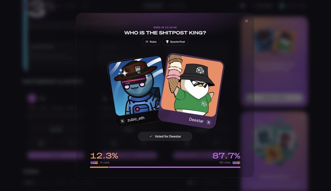 A digital voting interface titled 'WHO IS THE SHITPOST KING?' displays two cartoon avatars ('zubic_zn' and 'Deestar') with results showing 87.7% for Deestar and 12.3% for zubic_zn.