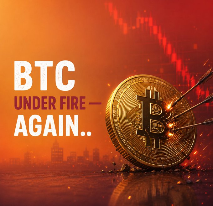 Promotional graphic with text 'BTC UNDER FIRE — AGAIN..' featuring a Bitcoin coin pierced by three arrows against a red-orange background with a downward-trending chart and city skyline silhouette.
