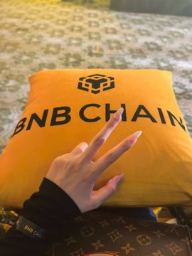 A hand with long manicured nails making a peace sign while resting on an orange 'BNB CHAIN' pillow, placed on top of a Louis Vuitton monogram bag.