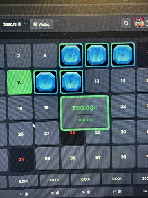 A computer monitor displays a digital gambling interface with a wallet balance of $550.18, showing blue gem-style tiles for numbers 4, 5, 6, 11, and 12, along with a green-highlighted 350.00x payout totaling $625.00 on number 12. The post promotes a $1.5k bi-weekly leaderboard gambling giveaway, with the screenshot showcasing an impressive multiplier win as social proof to attract participants using the code "Dapt."