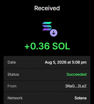 A screenshot of a successful Solana wallet transaction confirming the receipt of +0.36 SOL from address 3RaG...2LeZ on Aug 5, 2026, serving as proof of payment for the $NOBULL presale purchase.
