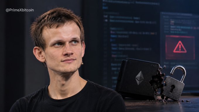 A young man in a black shirt sits in front of a computer screen displaying code and an error warning, with a graphic of a broken Ethereum wallet and padlock beside him; the watermark '@PrimeXbitcoin' is visible.