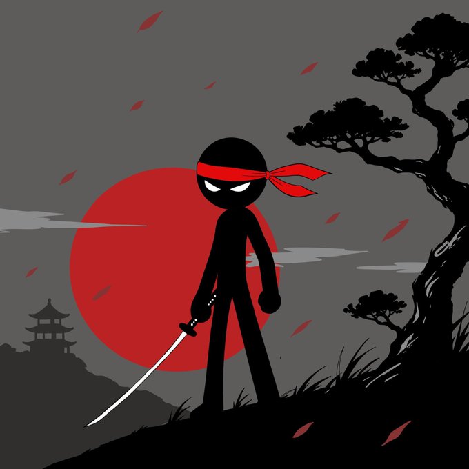 A stylized ninja stickman in a red headband wields a katana against a red sun backdrop, with a pagoda silhouette and falling red petals. The image ties to the giveaway post by visually embodying the "stickman" character of the @BeStickman project.