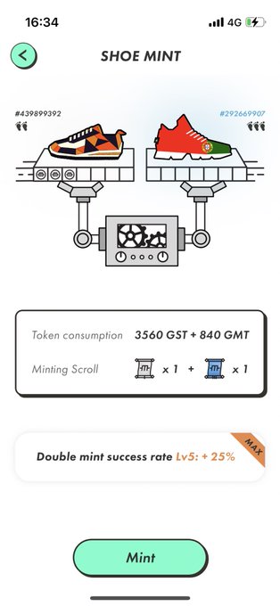 A mobile app screen for 'SHOE MINT' displays two digital sneakers, showing token consumption of '3560 GST + 840 GMT' and a 'Mint' button.