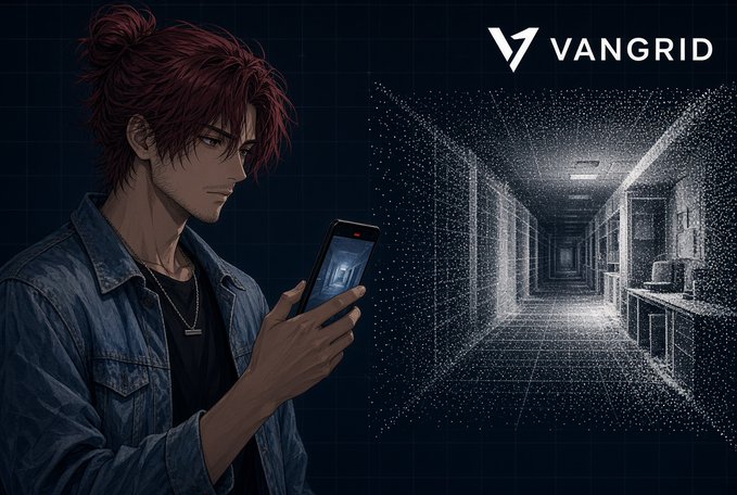 An anime-style illustration of a red-haired man looking at a smartphone, with a digital point-cloud rendering of a corridor behind him and the 'VANGRID' logo in the top right.