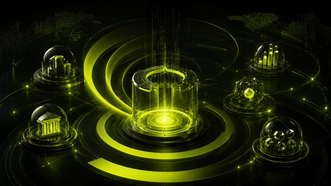 A futuristic black and neon-green graphic featuring a central glowing cylindrical platform emitting light beams, surrounded by four domed orbs containing miniature icons (a bank/treasury, a building, a geometric "K" symbol, and molecular structures), all set over concentric rings and a faint world map — visually evoking the idea of routing risk across institutional pillars (banking, infrastructure, crypto, science) toward a stable central yield, which complements the post's emphasis on Cap App's structural separation of operators, underwriters, and users rather than yield-first design.