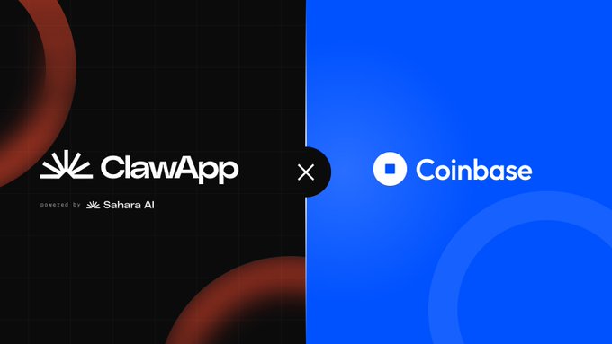 A split graphic displays 'ClawApp' (powered by Sahara AI) on a black background with red circles alongside the 'Coinbase' logo on a blue background.