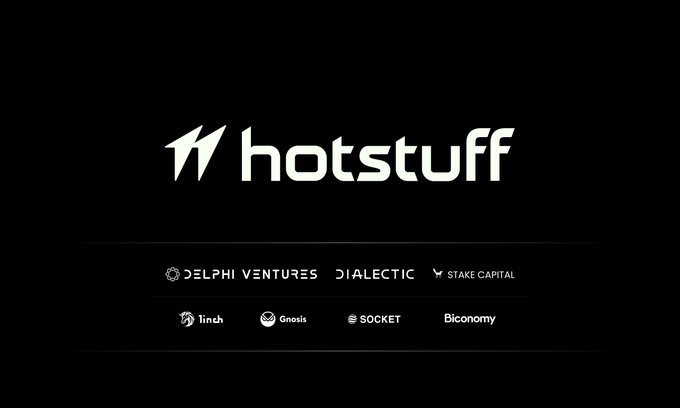 A black screen displaying the 'hotstuff' logo in white, accompanied by logos for Delphi Ventures, Dialectic, Stake Capital, 1inch, Gnosis, Socket, and Biconomy.