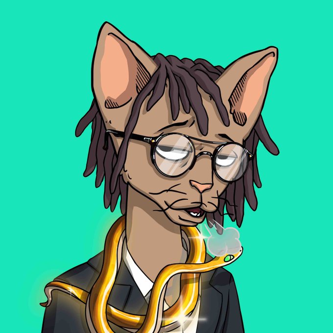 An illustrated anthropomorphic cat character with dreadlocks, round glasses, and a suit, smoking a joint with a glowing golden snake wrapped around their shoulders, set against a teal background. The image likely serves as a stylized mascot or branding for the giveaway promotion, giving the post a distinctive, laid-back visual identity.