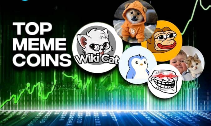 A promotional graphic titled 'TOP MEME COINS' features logos for Wiki Cat, Shiba Inu, a penguin (Pudgy Penguins), Pepe, and others, set against a background of a green stock chart.