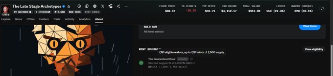 The image shows the Rarible marketplace page for an NFT collection called "The Late Stage Archetypes" (ticker $LZ), which has fully minted out, displayed with 828 items, a floor price of 0.026 ETH, and total volume of $313.3K. The NFT features a distinctive geometric art style with a lion-like figure rendered in polygonal shapes, aligning with the accompanying commentary praising its unique art and quick sell-out within 25 minutes.