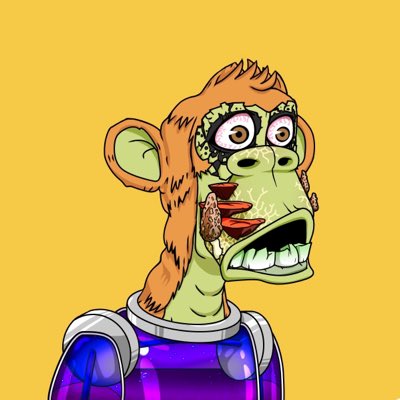 A digital cartoon illustration of a grotesque monkey-like character with bulging eyes, sharp teeth, and a greenish face against a yellow background, wearing a blue and purple outfit.