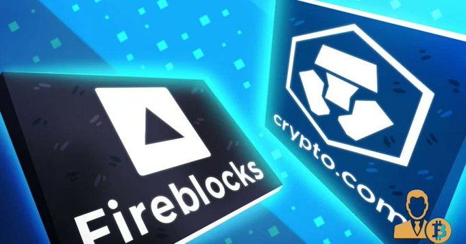 A promotional graphic featuring the Fireblocks logo alongside a crypto.com hexagonal logo on a blue background with confetti-like elements.