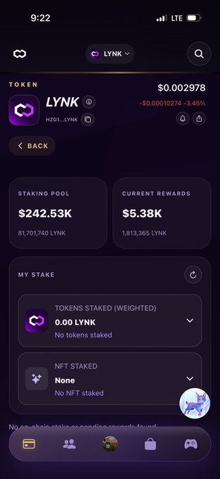 A mobile app screenshot showing the LYNK token (HZ01_LYNK) at $0.002978 with staking pool information and a message 'No on-chain stake or pending rewards found.'