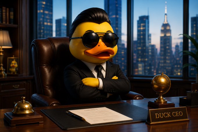 A duck character wearing a black suit, sunglasses, and an earring, sitting at a desk labeled 'DUCK CEO' with a globe and document, set against a city skyline at night.