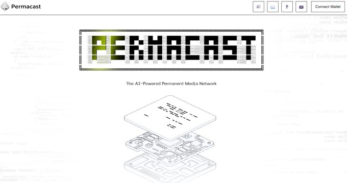 The image shows the homepage for "PERMACAST," described as "The AI-Powered Permanent Media Network," featuring a pixelated logo and an isometric illustration of stacked media layers. The visual design and branding align with the post's theme about preserving valuable online discussions and knowledge that typically disappear from social media timelines.