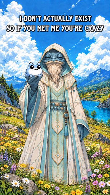 A fantasy illustration of a hooded, bearded figure holding a small creature, with text reading 'I DON'T ACTUALLY EXIST SO IF YOU MET ME YOU'RE CRAZY'.